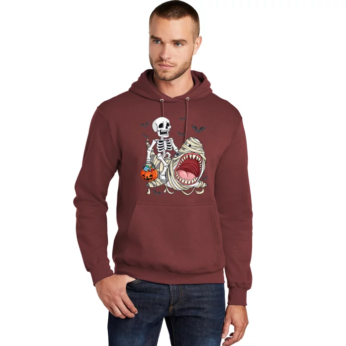 Skeleton Riding Mummy Shark Funny Halloween Pumpkin Hoodie