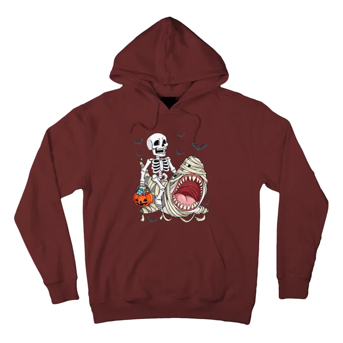 Skeleton Riding Mummy Shark Funny Halloween Pumpkin Hoodie