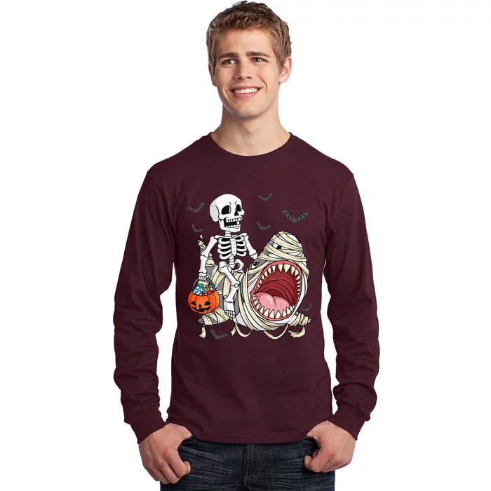 Skeleton Riding Mummy Shark Funny Halloween Pumpkin Tall Long Sleeve T-Shirt