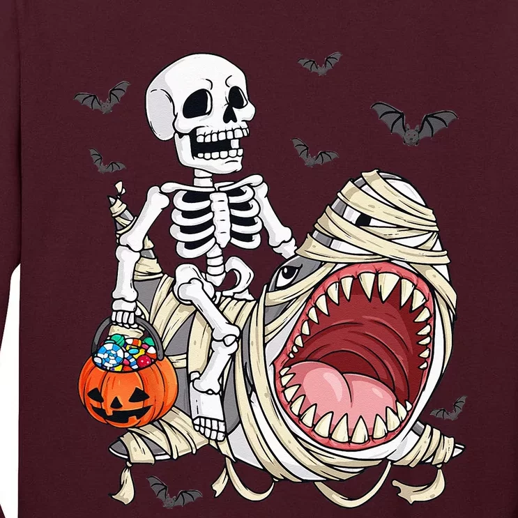 Skeleton Riding Mummy Shark Funny Halloween Pumpkin Tall Long Sleeve T-Shirt