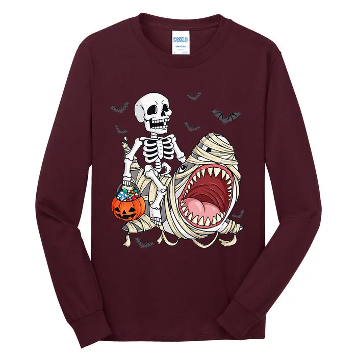 Skeleton Riding Mummy Shark Funny Halloween Pumpkin Tall Long Sleeve T-Shirt