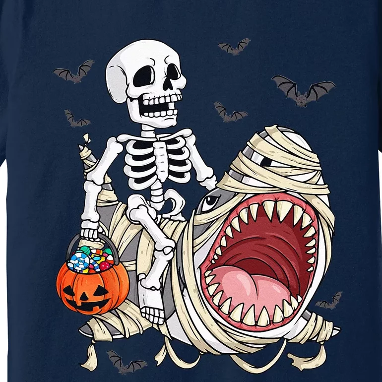 Skeleton Riding Mummy Shark Funny Halloween Pumpkin Premium T-Shirt