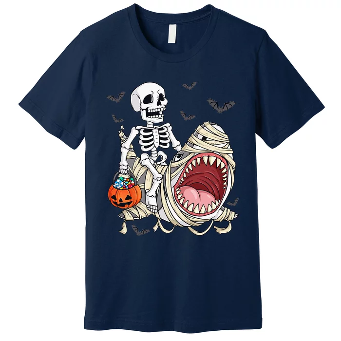 Skeleton Riding Mummy Shark Funny Halloween Pumpkin Premium T-Shirt