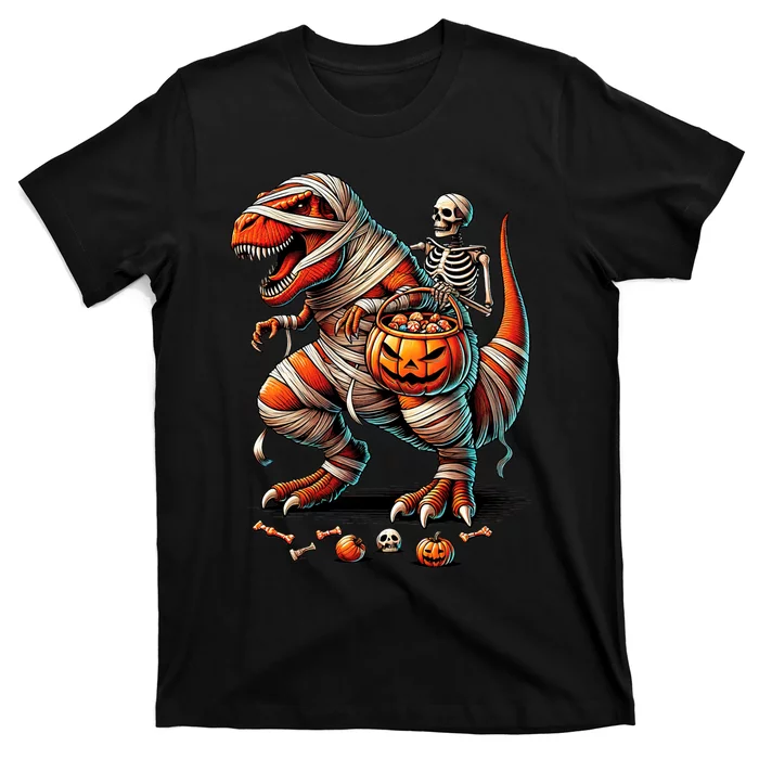 Skeleton Riding Mummy Dinosaur T Rex Boy Funny Halloween T-Shirt