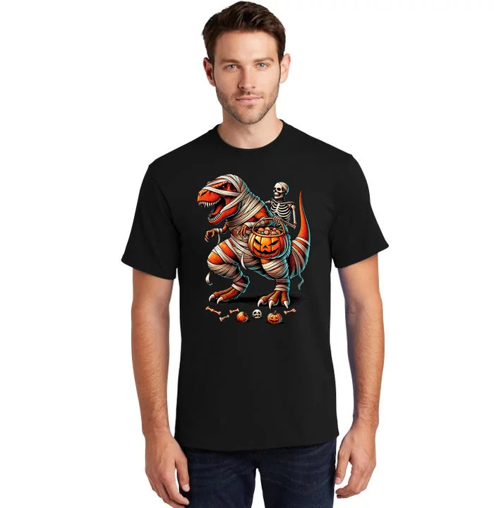 Skeleton Riding Mummy Dinosaur T Rex Boy Funny Halloween Tall T-Shirt