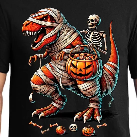 Skeleton Riding Mummy Dinosaur T Rex Boy Funny Halloween Pajama Set