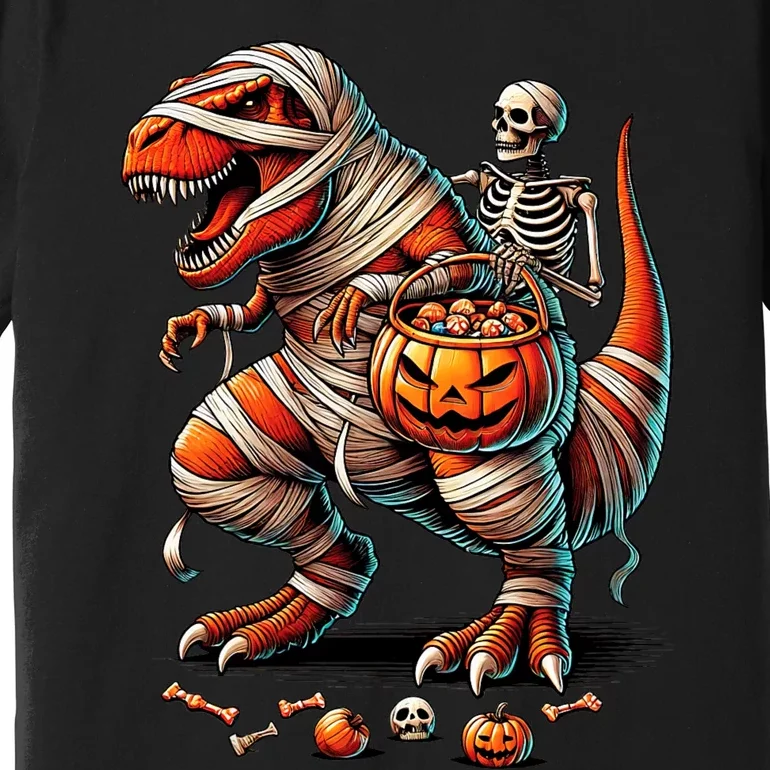 Skeleton Riding Mummy Dinosaur T Rex Boy Funny Halloween Premium T-Shirt