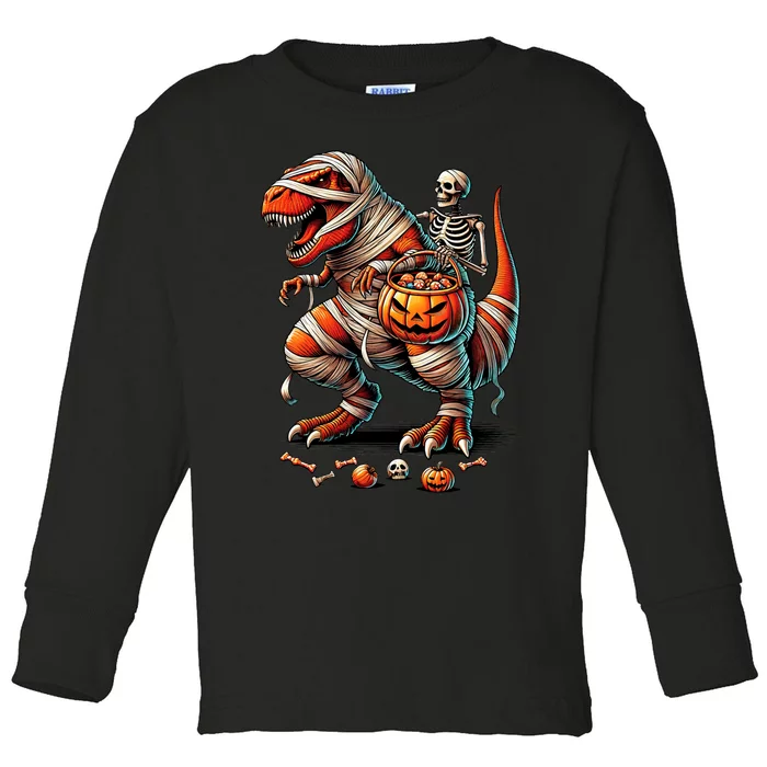 Skeleton Riding Mummy Dinosaur T Rex Boy Funny Halloween Toddler Long Sleeve Shirt