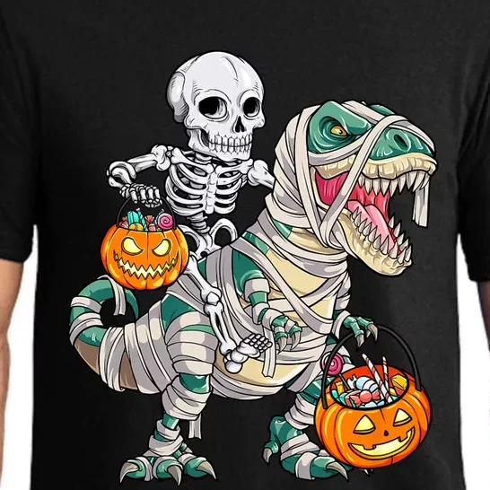 Skeleton Riding Mummy Dinosaur T Rex Halloween Funny Pumpkin Pajama Set