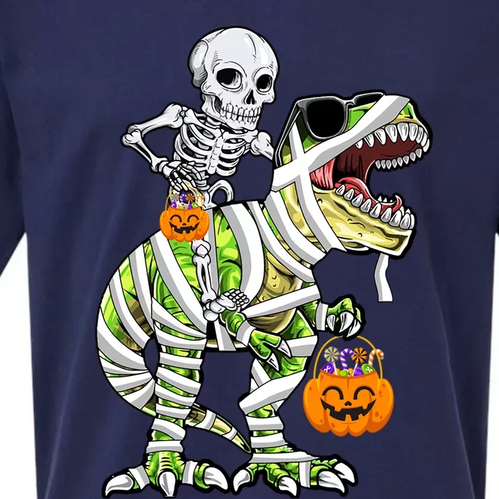 Skeleton Riding Mummy Dinosaur T Rex Halloween Funny Pumpkin Cute Gift Sueded Cloud Jersey T-Shirt