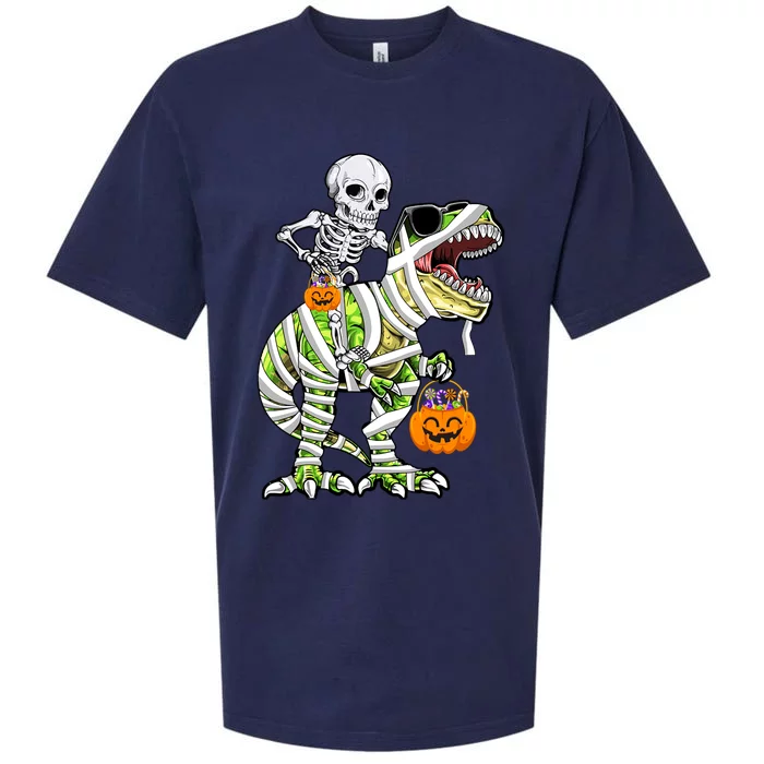 Skeleton Riding Mummy Dinosaur T Rex Halloween Funny Pumpkin Cute Gift Sueded Cloud Jersey T-Shirt