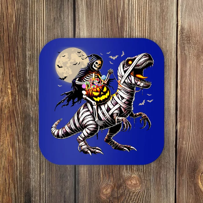 Skeleton Riding Mummy Dinosaur T Rex Pumpkin Funny Halloween Coaster