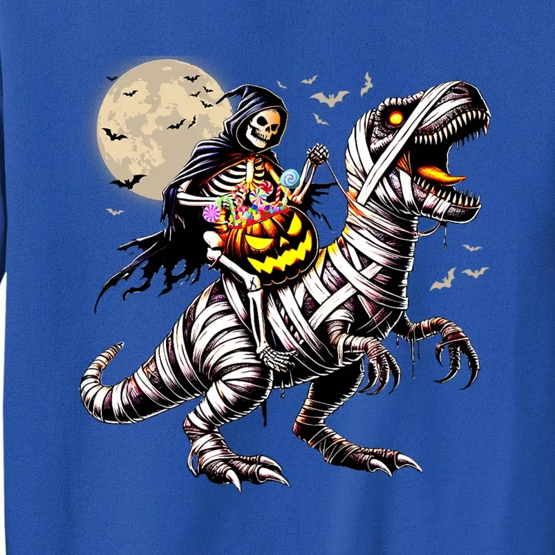 Skeleton Riding Mummy Dinosaur T Rex Pumpkin Funny Halloween Tall Sweatshirt