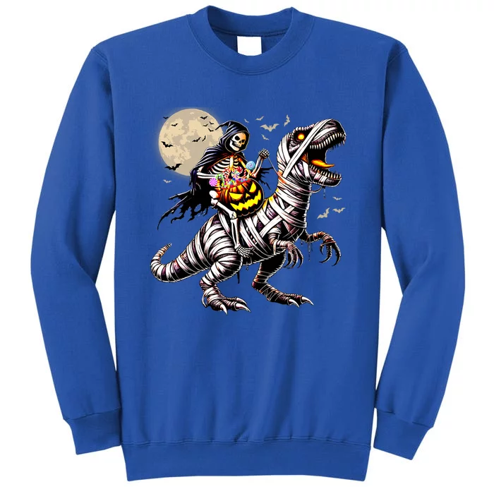 Skeleton Riding Mummy Dinosaur T Rex Pumpkin Funny Halloween Tall Sweatshirt