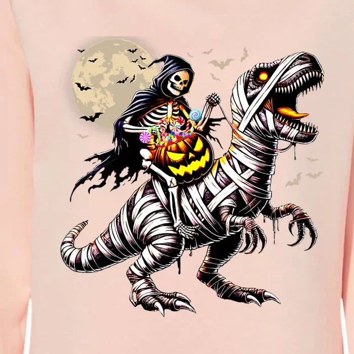 Skeleton Riding Mummy Dinosaur T Rex Pumpkin Funny Halloween Womens California Wash Sweatshirt