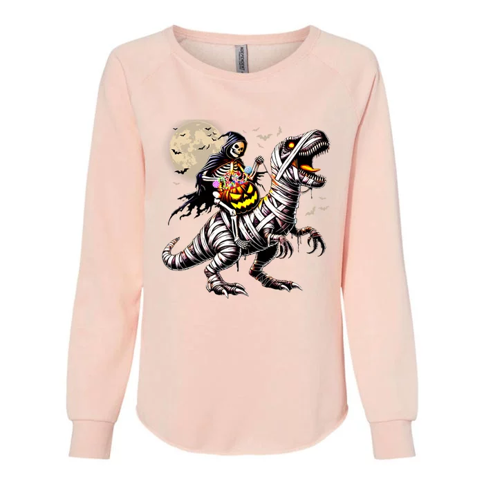 Skeleton Riding Mummy Dinosaur T Rex Pumpkin Funny Halloween Womens California Wash Sweatshirt