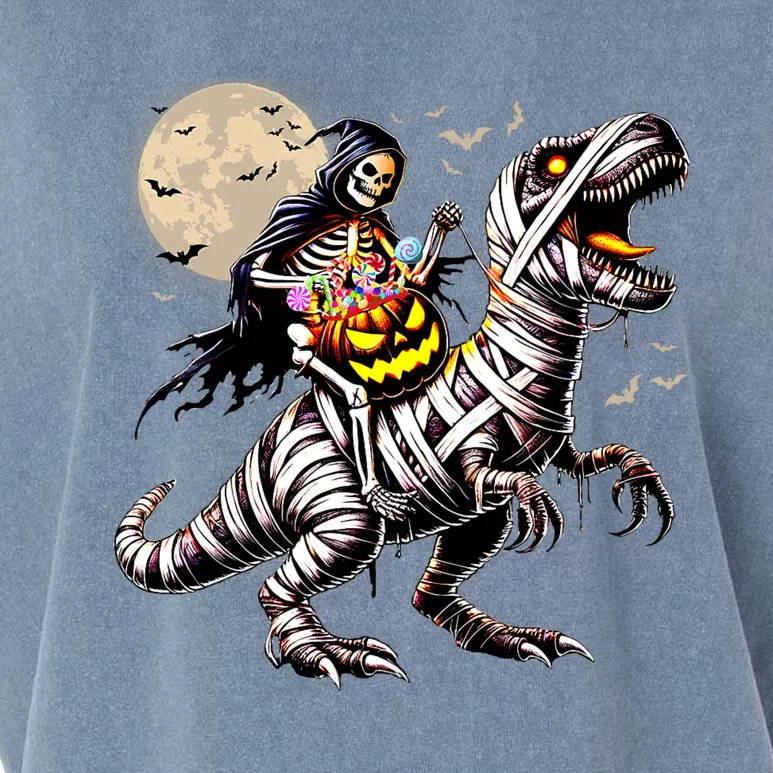 Skeleton Riding Mummy Dinosaur T Rex Pumpkin Funny Halloween Garment-Dyed Women's Muscle Tee