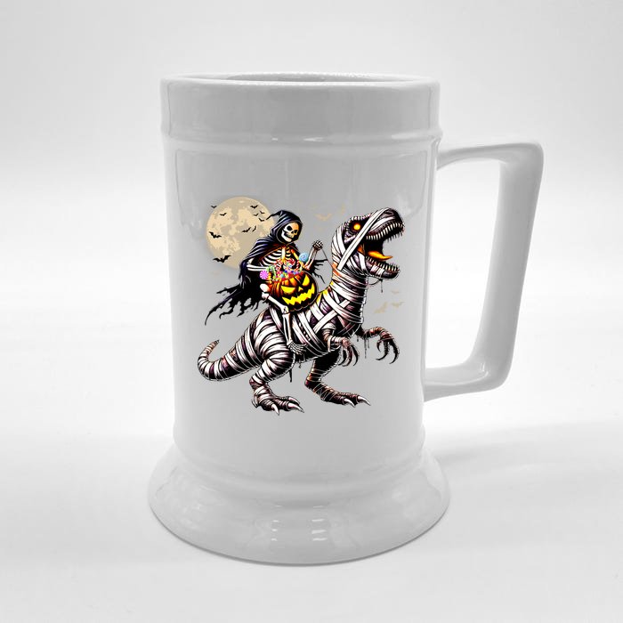 Skeleton Riding Mummy Dinosaur T Rex Pumpkin Funny Halloween Front & Back Beer Stein