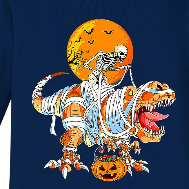 Skeleton Riding Mummy Dinosaur TRex Pumpkin Halloween Funny Cool Gift Baby Long Sleeve Bodysuit