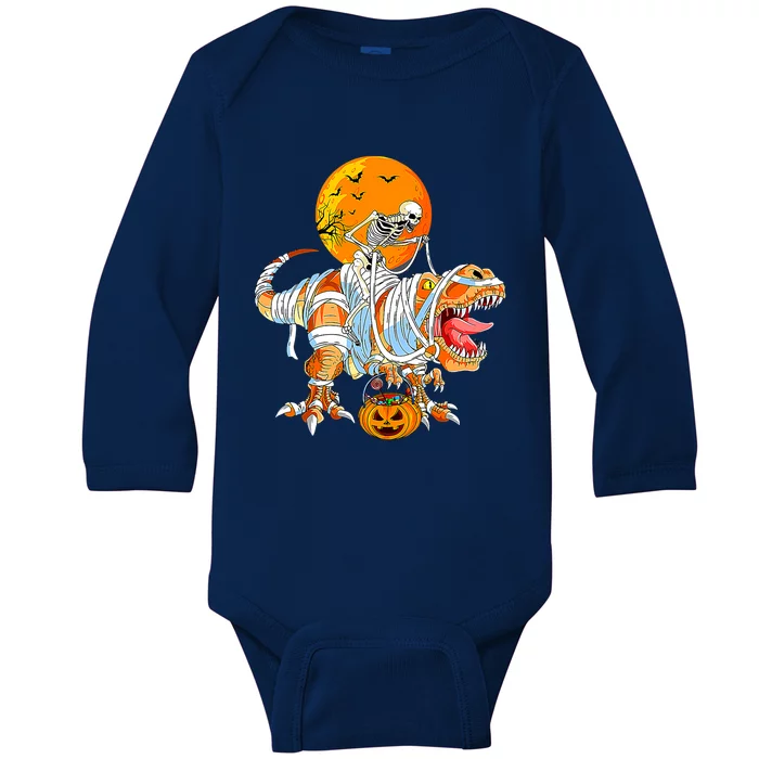 Skeleton Riding Mummy Dinosaur TRex Pumpkin Halloween Funny Cool Gift Baby Long Sleeve Bodysuit