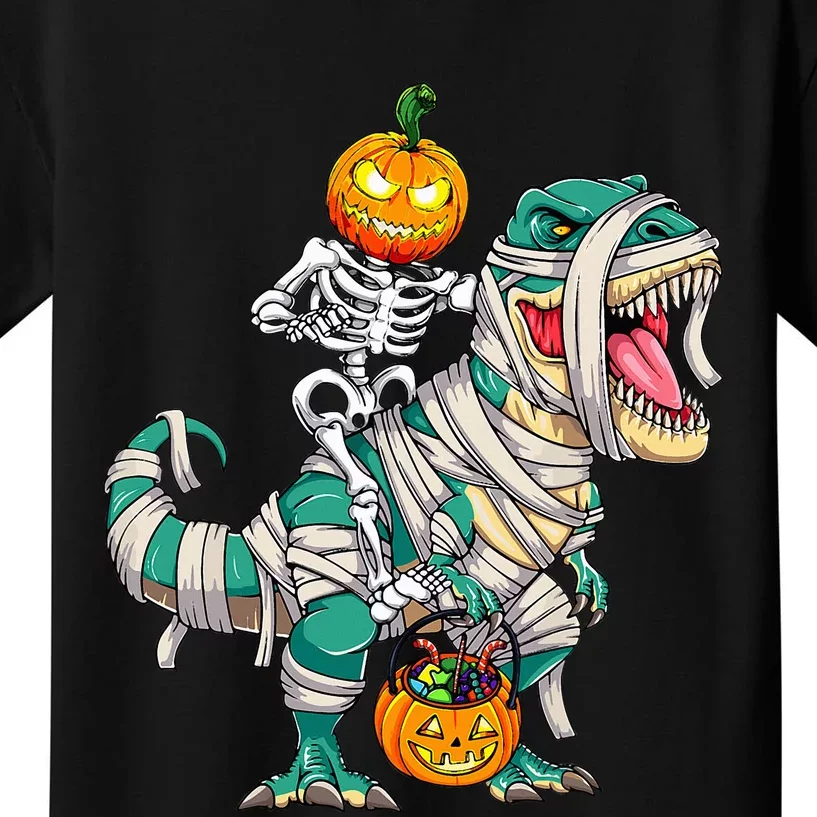 Skeleton Riding Mummy Dinosaur T rex Halloween Kids T-Shirt