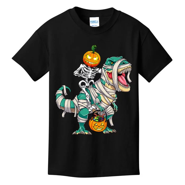 Skeleton Riding Mummy Dinosaur T rex Halloween Kids T-Shirt