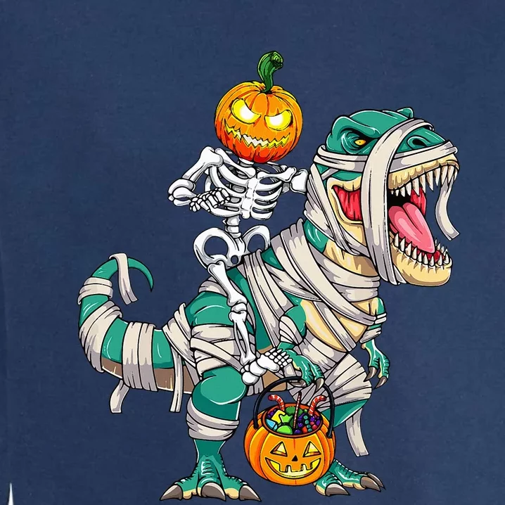 Skeleton Riding Mummy Dinosaur T rex Halloween Garment-Dyed Sweatshirt