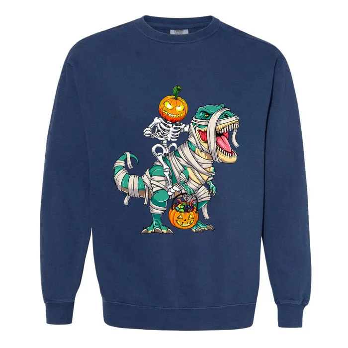 Skeleton Riding Mummy Dinosaur T rex Halloween Garment-Dyed Sweatshirt