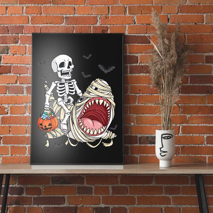 Skeleton Riding Mummy Shark Funny Halloween Pumpkin Poster