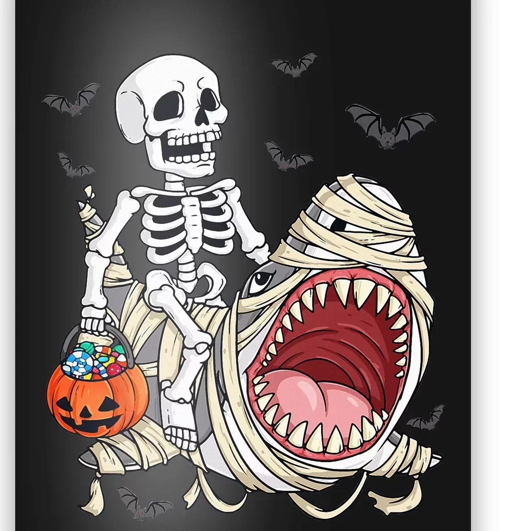 Skeleton Riding Mummy Shark Funny Halloween Pumpkin Poster