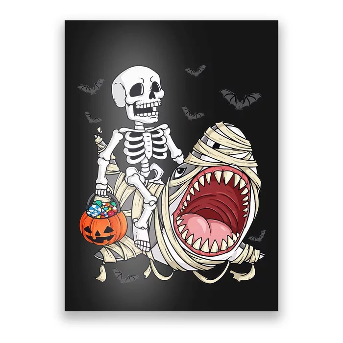 Skeleton Riding Mummy Shark Funny Halloween Pumpkin Poster