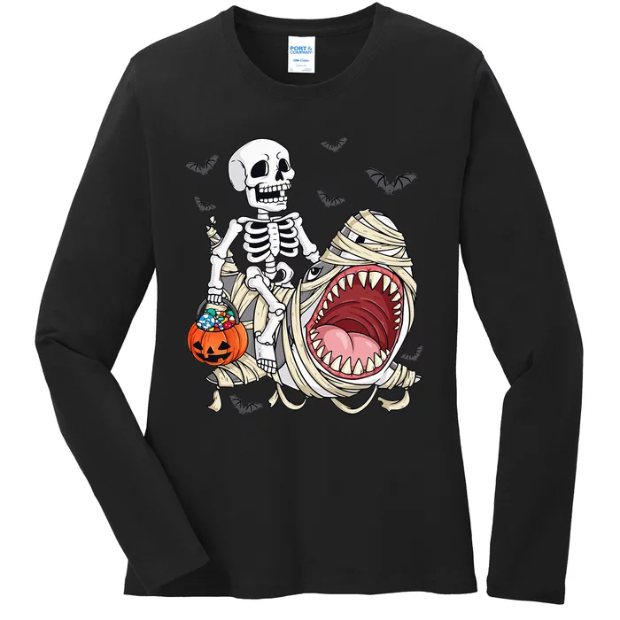 Skeleton Riding Mummy Shark Funny Halloween Pumpkin Ladies Long Sleeve Shirt