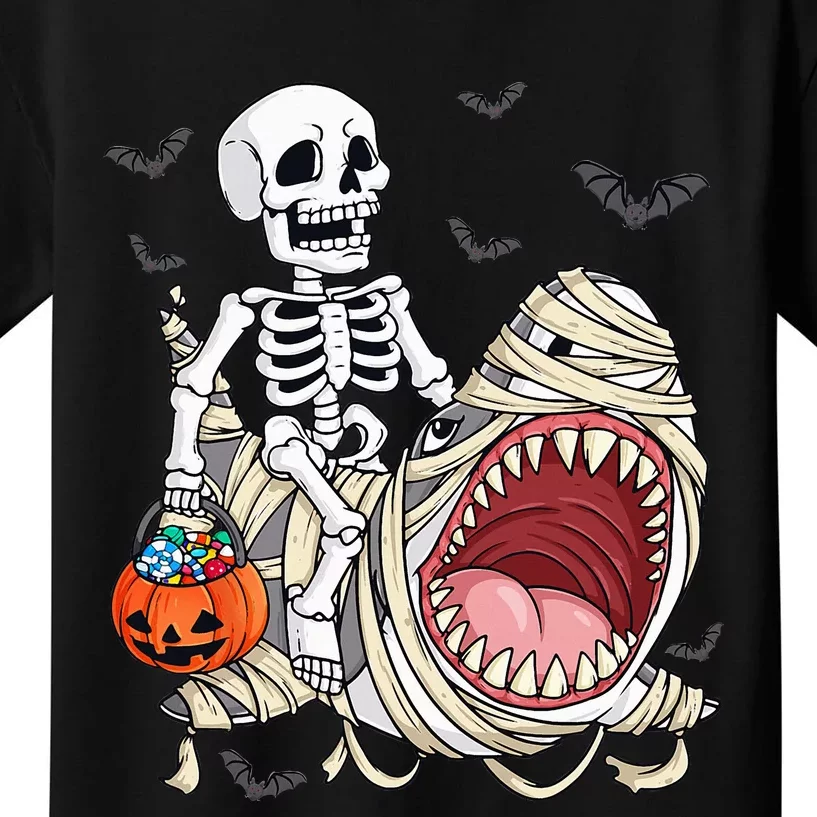 Skeleton Riding Mummy Shark Funny Halloween Pumpkin Kids T-Shirt