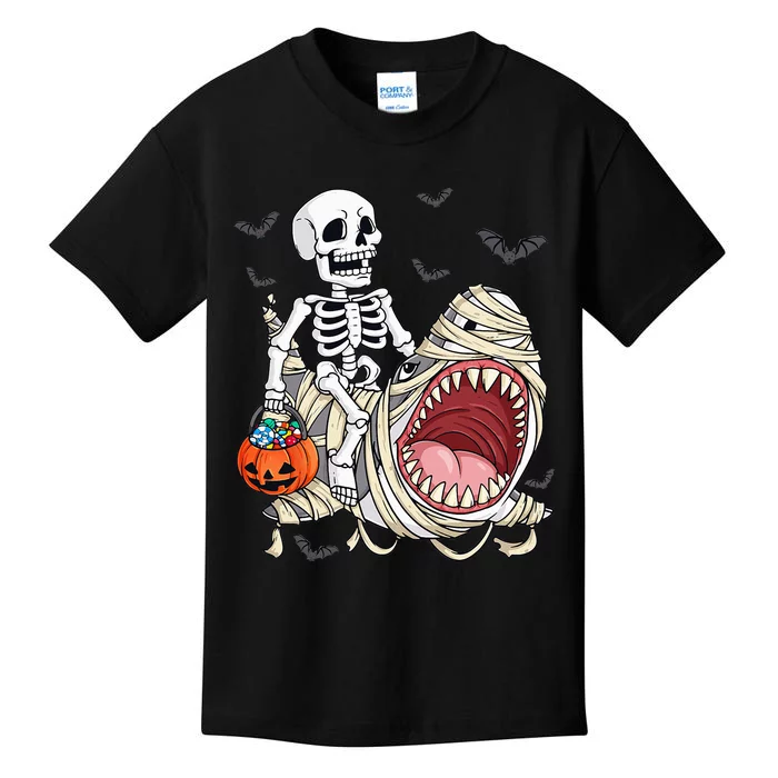 Skeleton Riding Mummy Shark Funny Halloween Pumpkin Kids T-Shirt