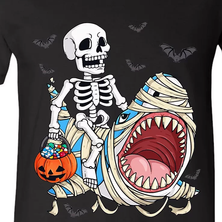 Skeleton Riding Mummy Shark Funny Halloween Pumpkin V-Neck T-Shirt