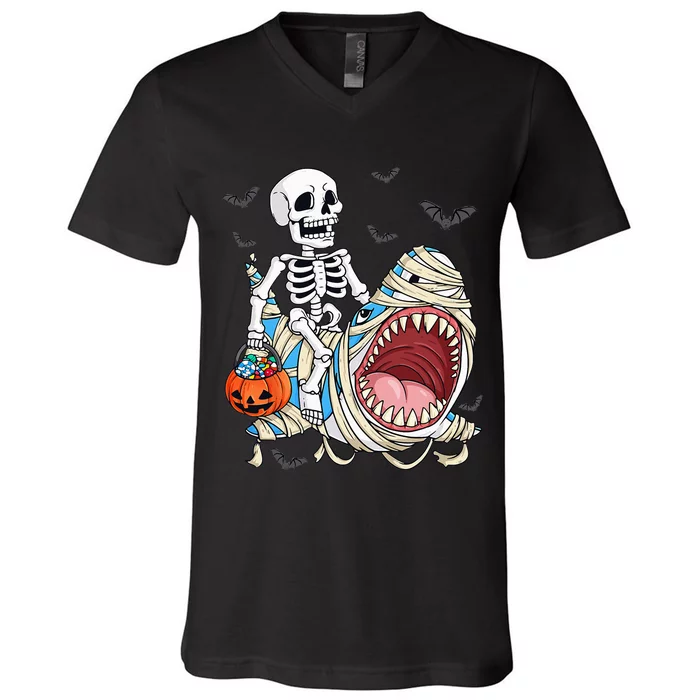 Skeleton Riding Mummy Shark Funny Halloween Pumpkin V-Neck T-Shirt