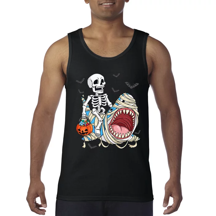 Skeleton Riding Mummy Shark Funny Halloween Pumpkin Tank Top