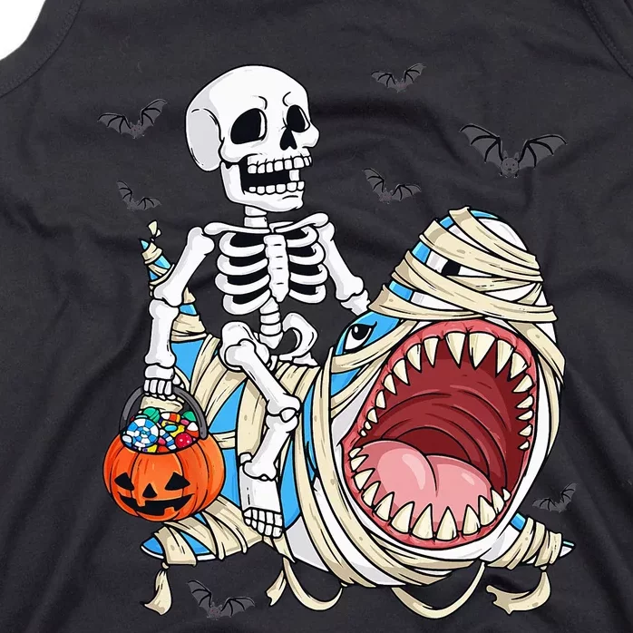 Skeleton Riding Mummy Shark Funny Halloween Pumpkin Tank Top