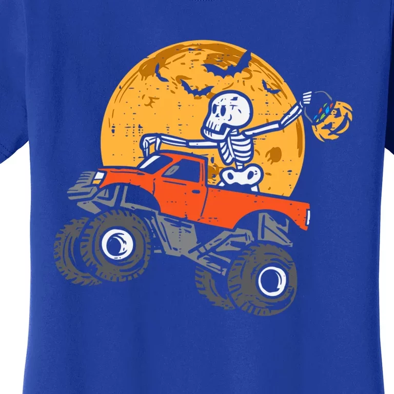 Skeleton Riding Monster Truck Moon Halloween Gift Women's T-Shirt