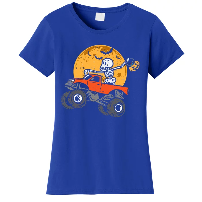 Skeleton Riding Monster Truck Moon Halloween Gift Women's T-Shirt