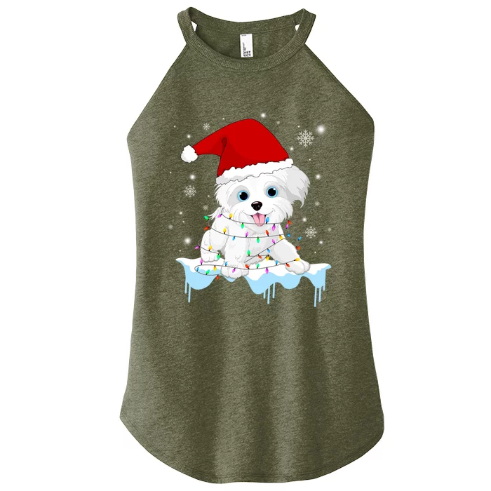 Santa Reindeer Maltese Christmas Tree Light Pajama Xmas Gift Women’s Perfect Tri Rocker Tank