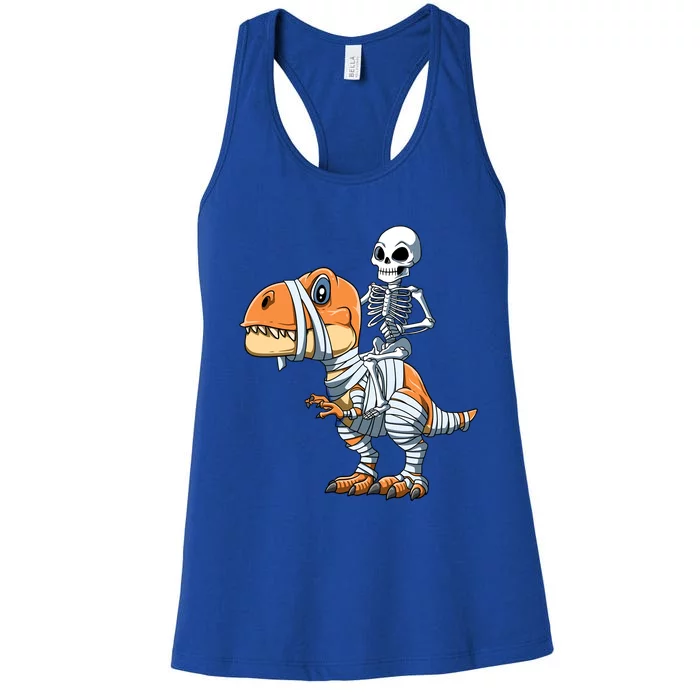 Skeleton Riding Mummy Dinosaur Halloween TRex Gift Women's Racerback Tank