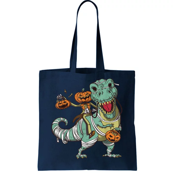 Skeleton Riding Mummy Dinosaur T Rex Pumpkin Funny Halloween Tote Bag