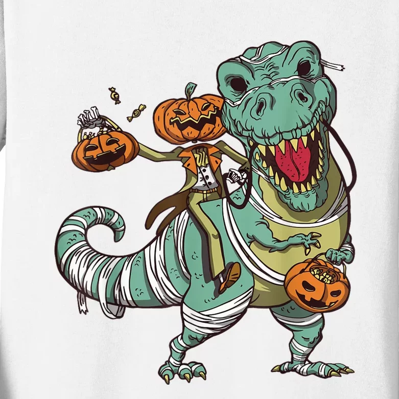 Skeleton Riding Mummy Dinosaur T Rex Pumpkin Funny Halloween Kids Long Sleeve Shirt