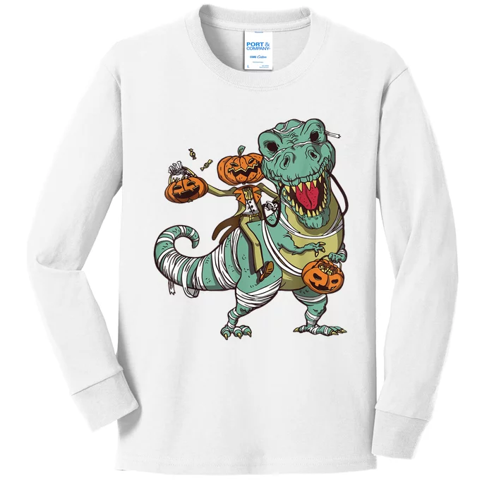 Skeleton Riding Mummy Dinosaur T Rex Pumpkin Funny Halloween Kids Long Sleeve Shirt