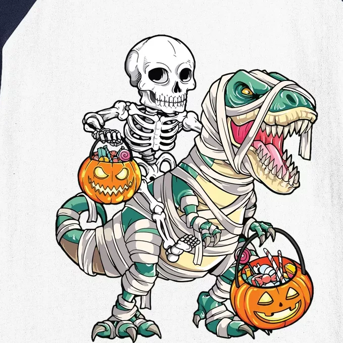 Skeleton Riding Mummy Dinosaur T Rex Halloween Funny Pumpkin Baseball Sleeve Shirt