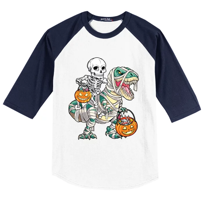 Skeleton Riding Mummy Dinosaur T Rex Halloween Funny Pumpkin Baseball Sleeve Shirt