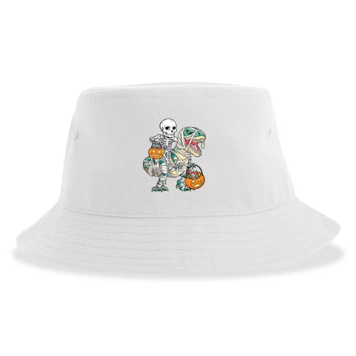 Skeleton Riding Mummy Dinosaur T Rex Halloween Funny Pumpkin Sustainable Bucket Hat