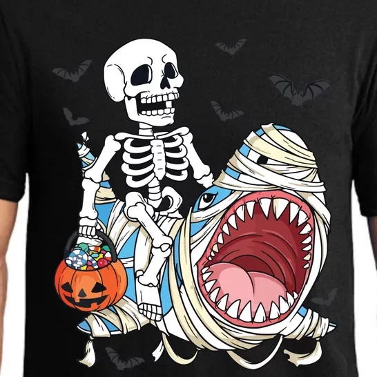 Skeleton Riding Mummy Shark Funny Halloween Pumpkin Kids Pajama Set