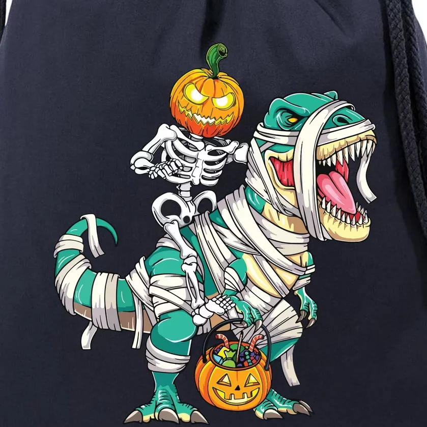 Skeleton Riding Mummy Dinosaur T Rex Halloween Funny Pumpkin Drawstring Bag